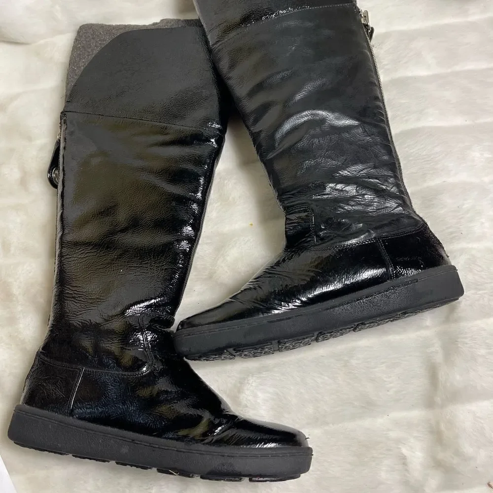 Michael Kors patent leather black knee high boots back zipper logo accent SZ7.5